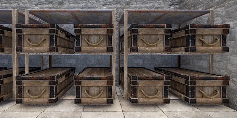 A selection of Large Wooden Chests on Shelving