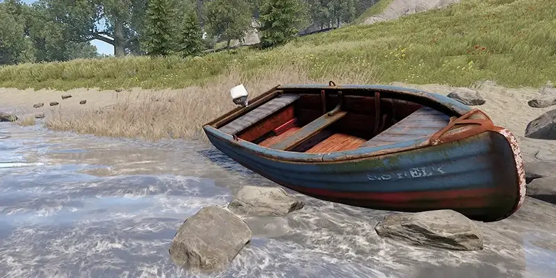 A Motor Rowboat sitting on the beach